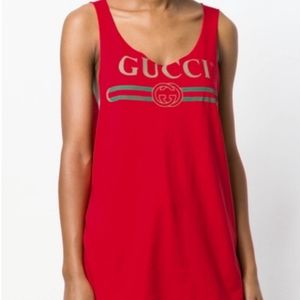 Gucci Red Tank with Green Stripes and Gold Logo Print